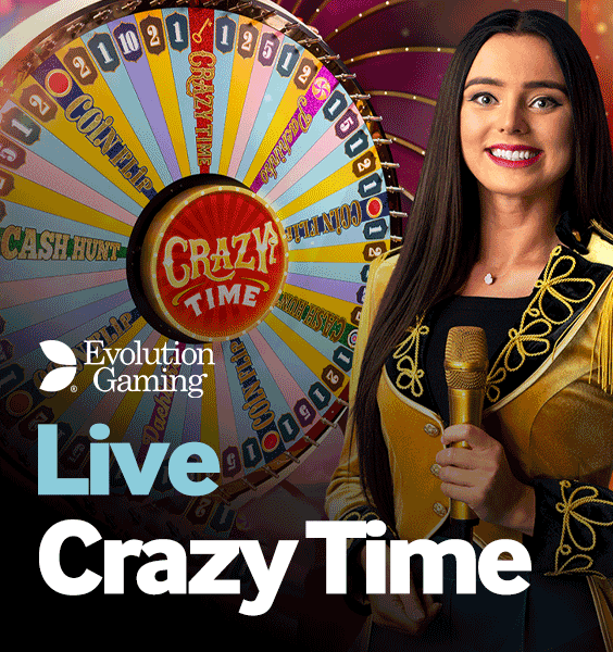 Smiling host holding a microphone stands in front of a colorful game wheel labeled Crazy Time with segments like Cash Hunt and Coin Flip. Experience the thrill with Evolution Gaming Live Crazy Time at Betway Arabia.