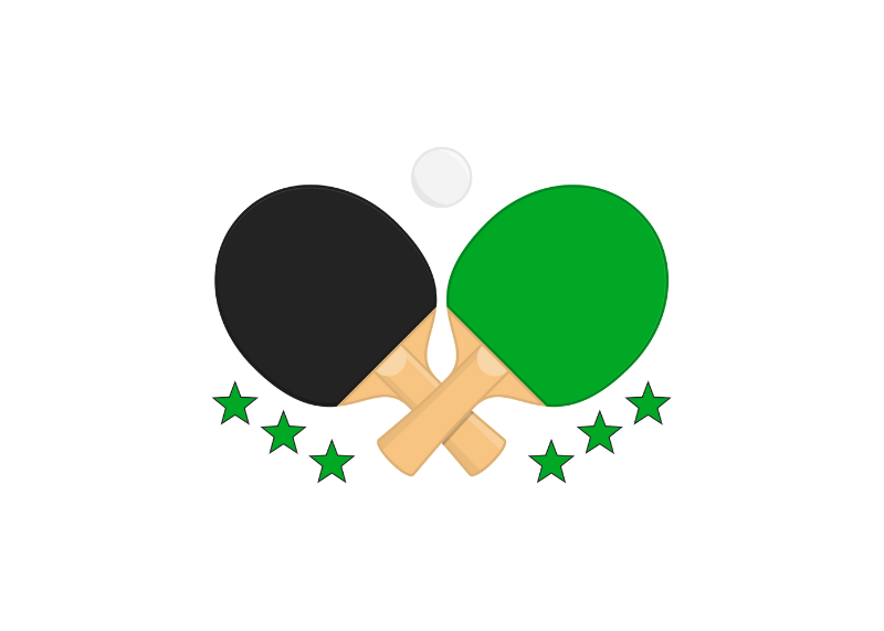 Two crossed table tennis paddles, one black and one green, with a white ping pong ball above. Green stars form a semicircle below the paddles on a white background, echoing the energetic spirit of Betway Arabia.