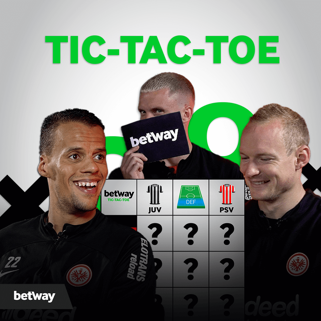 Three people engage in a tic-tac-toe game with a sports theme, featuring team labels like JUV and PSV. Betway branding is prominently displayed on the board and card. Some squares remain to be filled, adding to the anticipation of this exciting match.