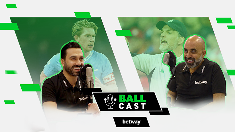 Podcast cover featuring two men in Betway Arabia shirts engaged in conversation at microphones. The background showcases dynamic sports scenes, while the bold text BALL CAST captures the essence of this thrilling sports podcast.