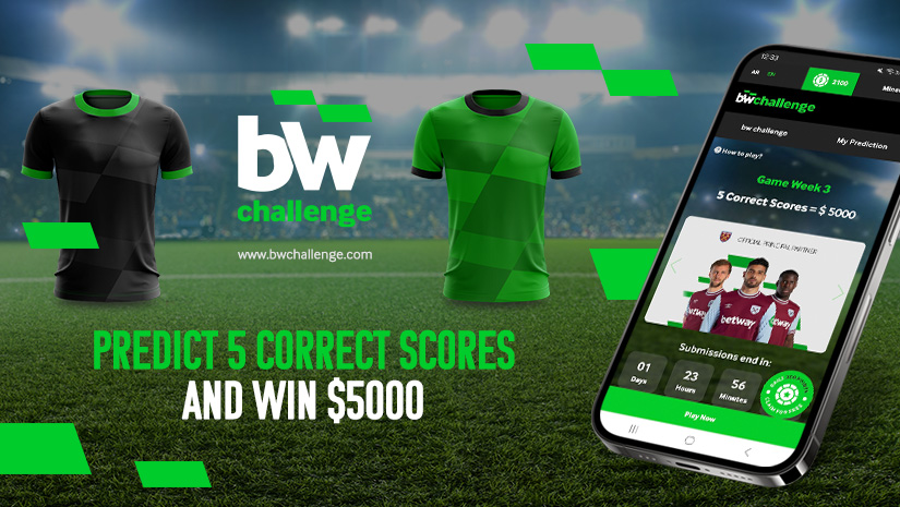 A promotional image for a sports prediction app features two soccer jerseys on the field, with the text Predict 5 Correct Scores and Win $5000. A smartphone displays contest details and team images. Visit bwchallenge.com to get started with Betway Arabia!.