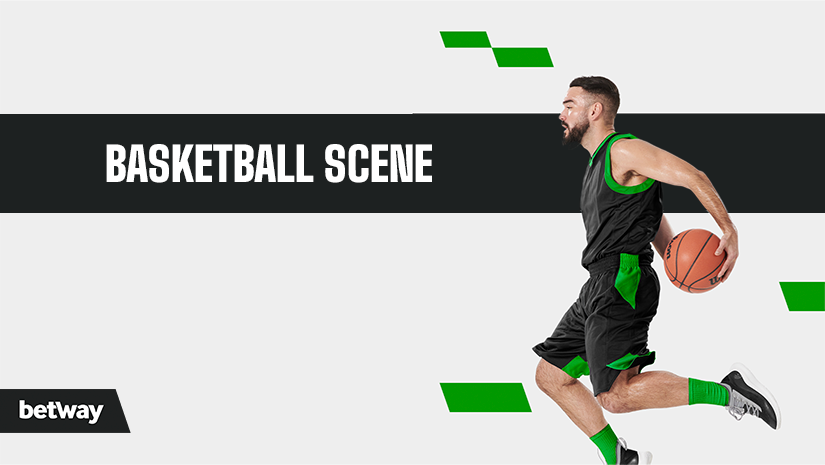 A basketball player in a black and green uniform dribbles a ball. The background features black and green blocks with the text BASKETBALL SCENE and a betway logo in the bottom left corner.