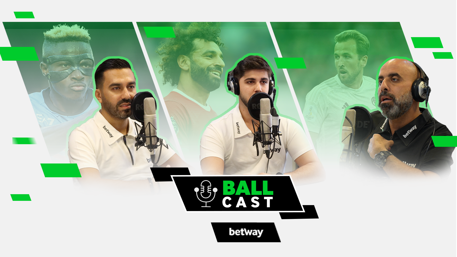 Three podcast hosts sit at microphones, framed by images of four soccer players in the background. The text BALL CAST and betway Arabia are prominently displayed.