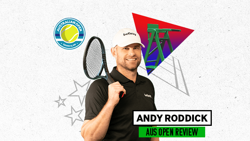 A tennis player with a beard, wearing a black shirt and white cap, holds a racket over his shoulder. The Australian Open logo and graphics of a green chair umpire stand in the background. Text reads Andy Roddick Aus Open Review, proudly supported by Betway.