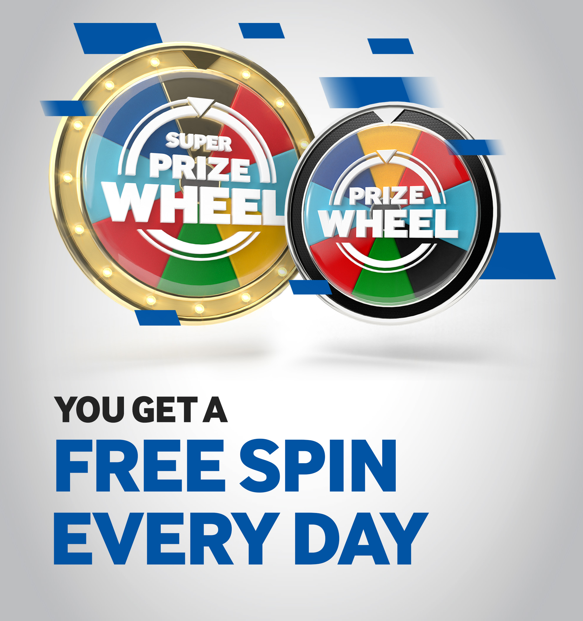 Illustration of two colorful spinning wheels titled Super Prize Wheel and Prize Wheel with text below stating You get a free spin every day. The background is white with blue geometric accents.