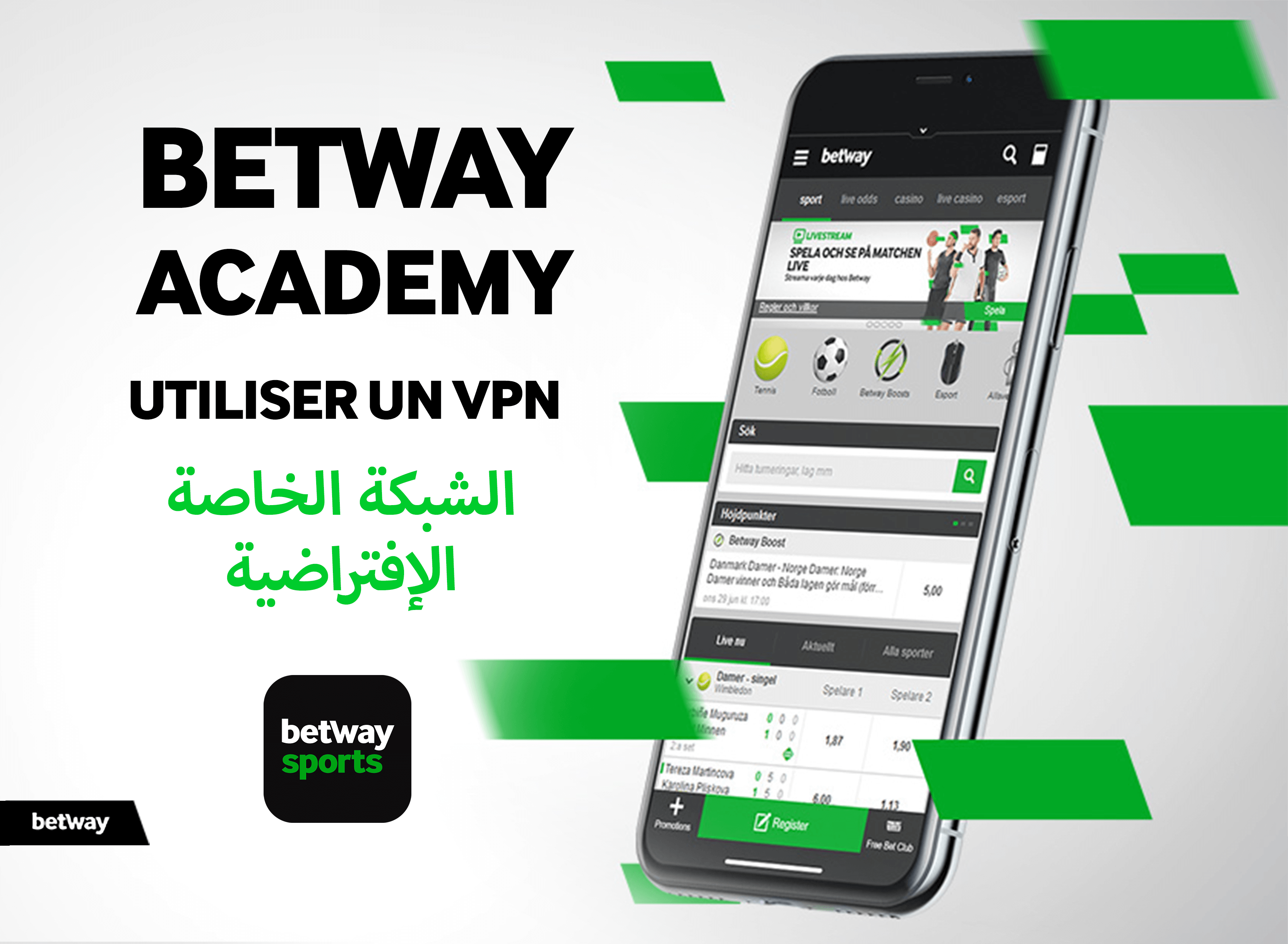 هاتف ذكي يعرض واجهة تطبيق Betway Sports مع خيارات متنوعة. يقرأ النص Betway Academy وUtiliser un VPN وباللغة العربية الشبكة الخاصة الإفتراضية. لهجات خضراء تزين الصورة.