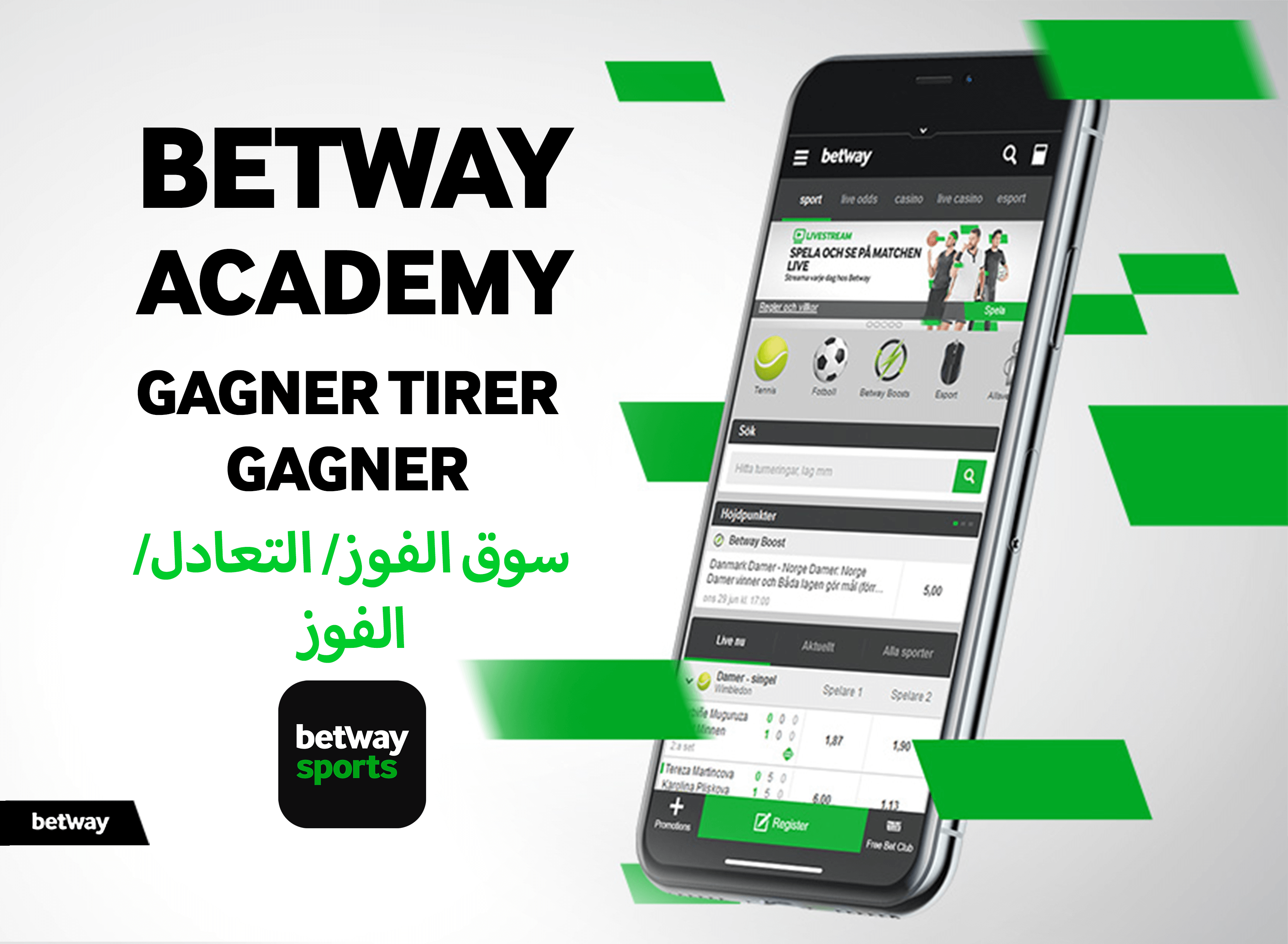 هاتف ذكي يعرض تطبيق Betway Sports مع خيارات المراهنة والرياضات المتنوعة. النص الموجود على اليسار يقرأ BETWAY ACADEMY GAGNER TIRER GAGNER وسوق الفوز/التعادل/الفوز باللغة العربية. شعارات Betway موجودة على الصورة.