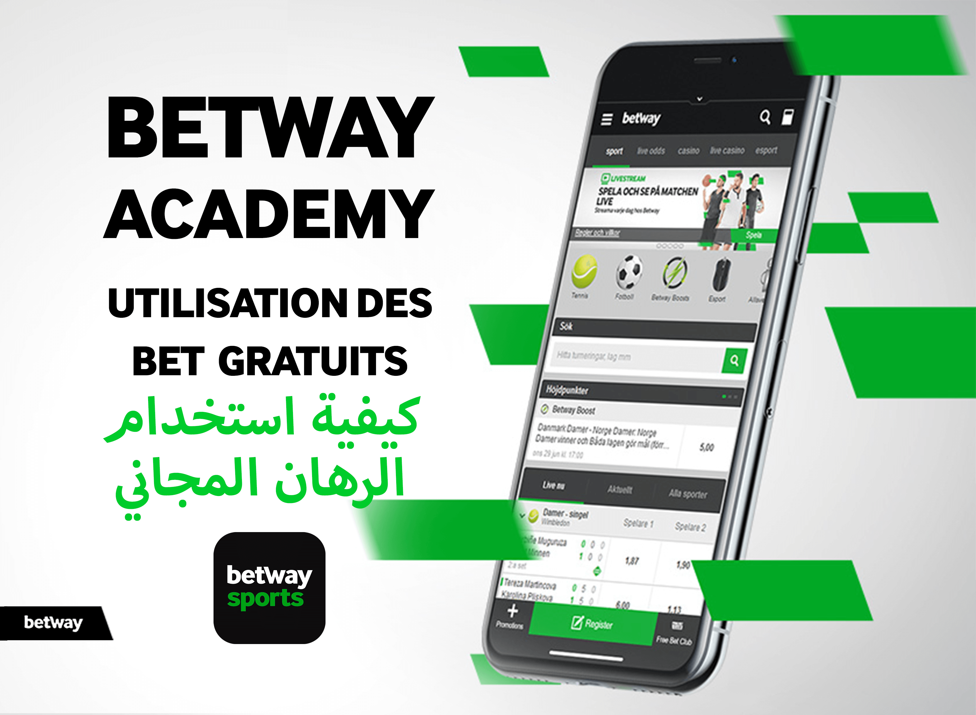 يظهر هاتف ذكي يعرض واجهة تطبيق Betway الرياضي بزاوية على خلفية رمادية. يقرأ النص Betway Academy باللغتين الفرنسية والعربية، ويناقش استخدام الرهانات المجانية. تزين اللمسات الخضراء التصميم. تظهر شعارات Betway في الأسفل.