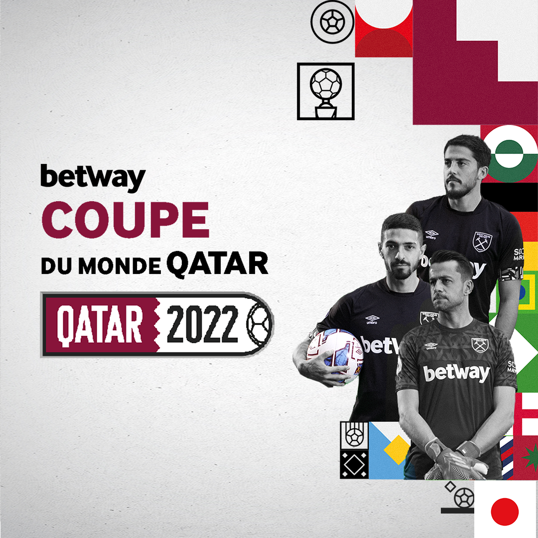 Image promotionnelle pour Betway mettant en scène trois hommes en maillot de football. Le texte indique « Coupe du Monde Qatar 2022 ». Limage comprend des motifs abstraits et des drapeaux.