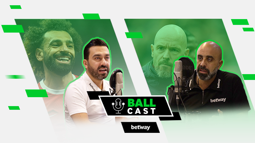 صورة غلاف البودكاست بعنوان Ball Cast من إنتاج Betway Arabia تظهر زوجين من الرجال، كل منهم يحمل ميكروفونات، ومغطاة بتدرج لوني أخضر.