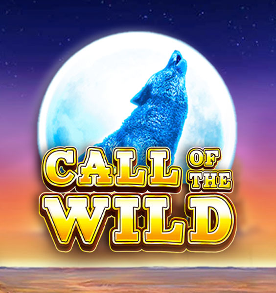 Illustration of a wolf howling at a full moon with the text Call of the Wild in bold yellow letters, set against a twilight sky of orange and purple gradients. This captivating design captures the spirit akin to Betways thrilling adventures.