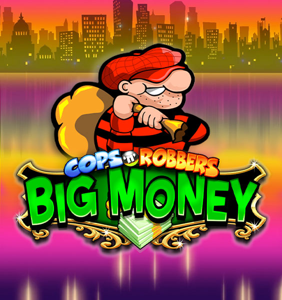 Illustration of a cartoon robber wearing a red hat and striped shirt, carrying a money bag. The background showcases a vibrant city skyline. Cops N Robbers Big Money blazes across the center in bold letters, perfect for Betway Arabias thrilling gaming adventure.