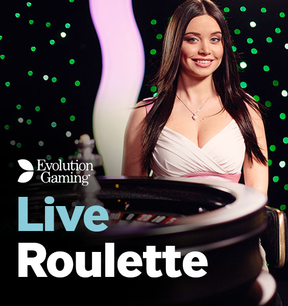 A woman in a white dress stands beside a roulette table, set against a sleek black and green backdrop. Text reads Evolution Gaming Live Roulette. Experience the thrill with Betway Arabia for an unbeatable gaming adventure.