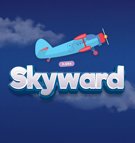 Illustration of a blue and red airplane soaring upward through clouds, embodying the spirit of Skyward in bold metallic letters. Above the text, a small label 3.29x hints at heights reminiscent of Betways dynamic ascent.
