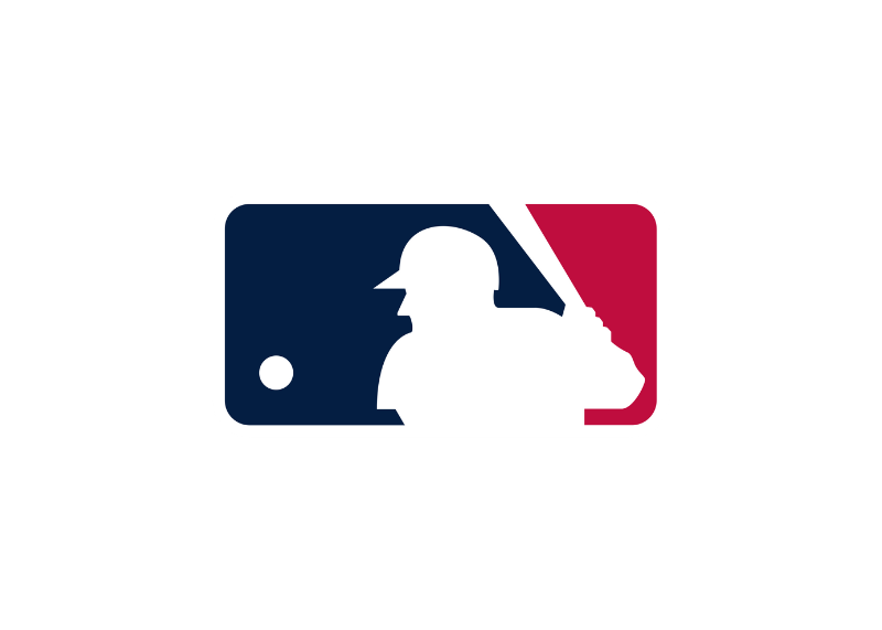 The MLB logo, akin to a Betway Arabia symbol, showcases a silhouetted baseball player poised with a bat against a distinctive rectangle emblazoned with bold blue, white, and red hues.