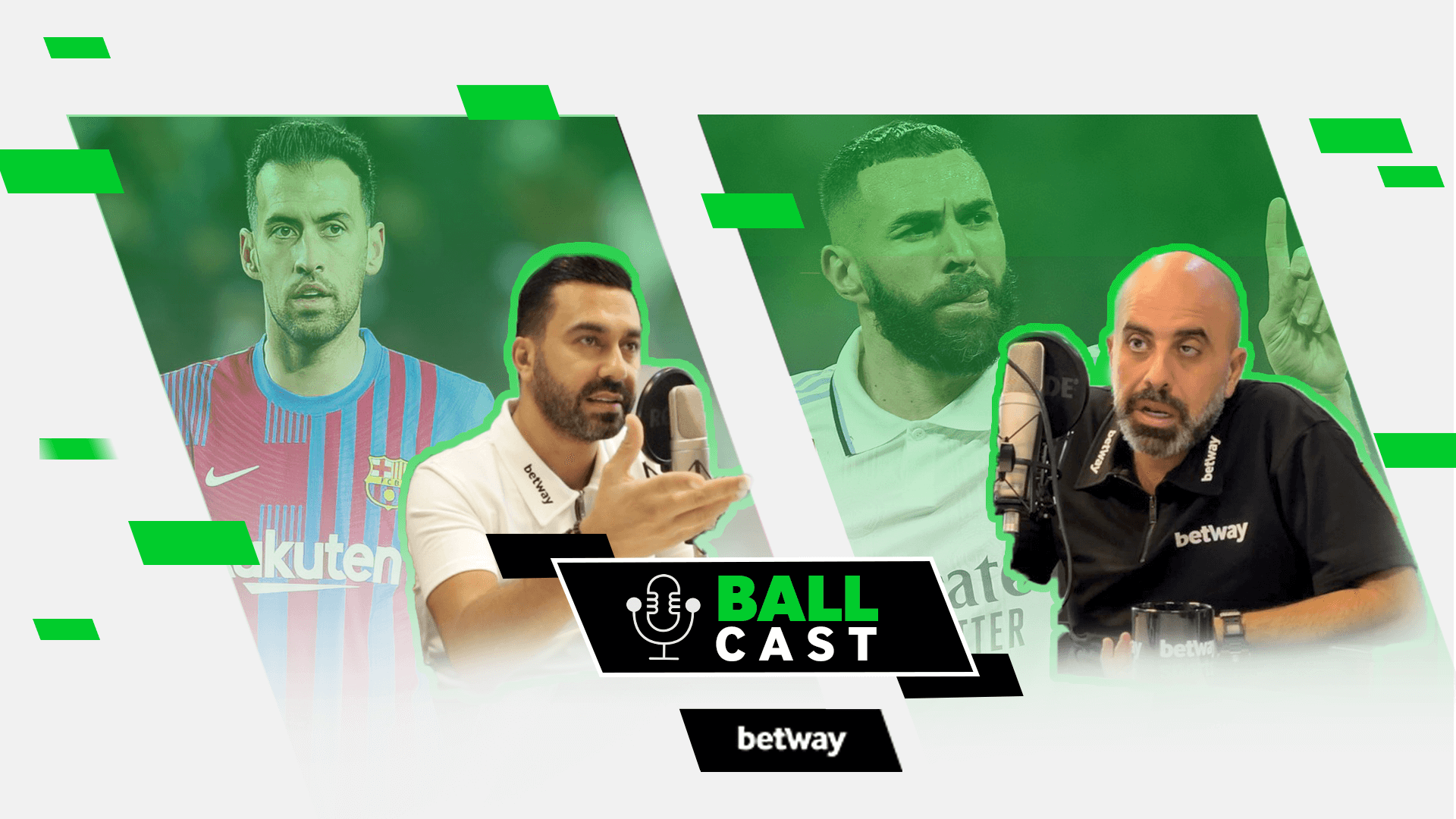 صورة ترويجية مقسمة الشاشة لبودكاست "Ball Cast" من إنتاج Betway، يظهر فيها لاعبان لكرة القدم على اليسار ومضيفان متحركان، أحدهما يلوح بيده، وكلاهما يحمل ميكروفونًا، على اليمين. تبرز اللمسات الخضراء التصميم. اكتشف المزيد مع آراء Betway Arabia الثاقبة.