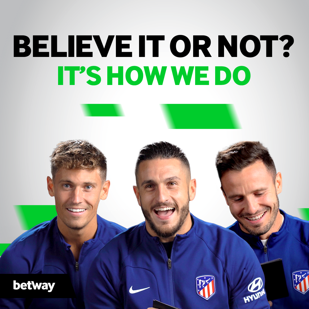 Three smiling men wearing blue Atlético Madrid tracksuits with a Hyundai logo stand against a white background. Text at the top reads BELIEVE IT OR NOT? ITS HOW WE DO. A Betway Arabia logo graces the bottom left corner.