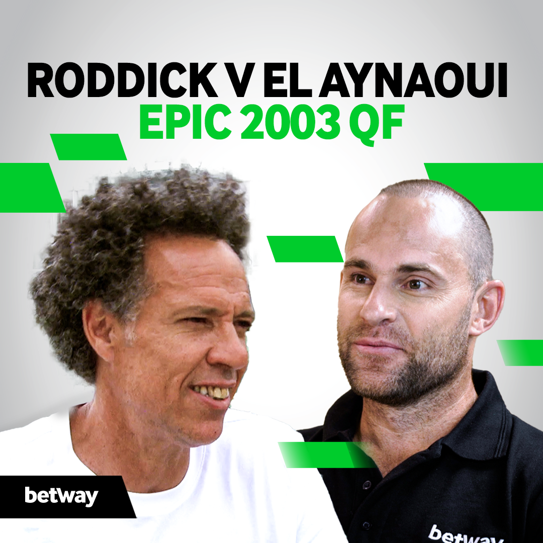 Two men facing each other set against a white background with green accents. The text reads, RODDICK V EL AYNAOUI EPIC 2003 QF, featuring the Betway logo, a nod to betting enthusiasts who follow the excitement on platforms like Betway Arabia.