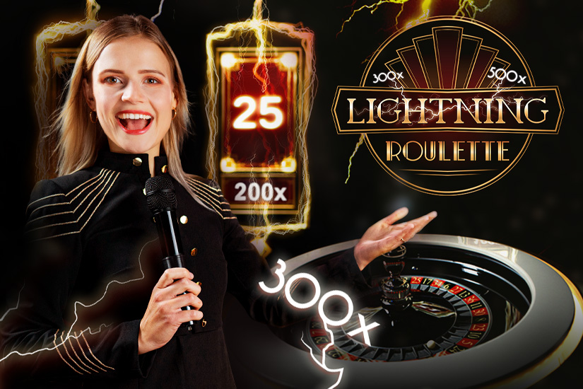 A smiling woman in a black outfit holds a microphone in front of a roulette wheel. The backdrop, marked by Lightning Roulette and golden accents, features numbers 25 and 200x. Electric effects light up the scene, capturing the thrill of Betway Arabia.