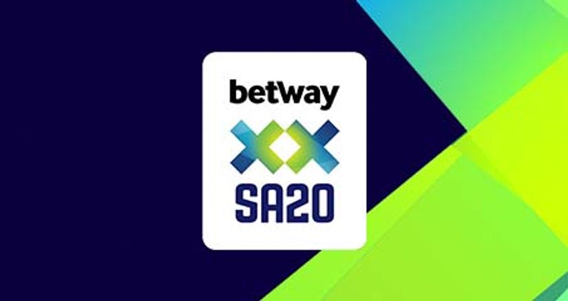 The logo of Betway SA20 features geometric shapes and gradients. Set against a dark blue backdrop, green and blue interlocking X shapes surround the prominently displayed words betway SA20.