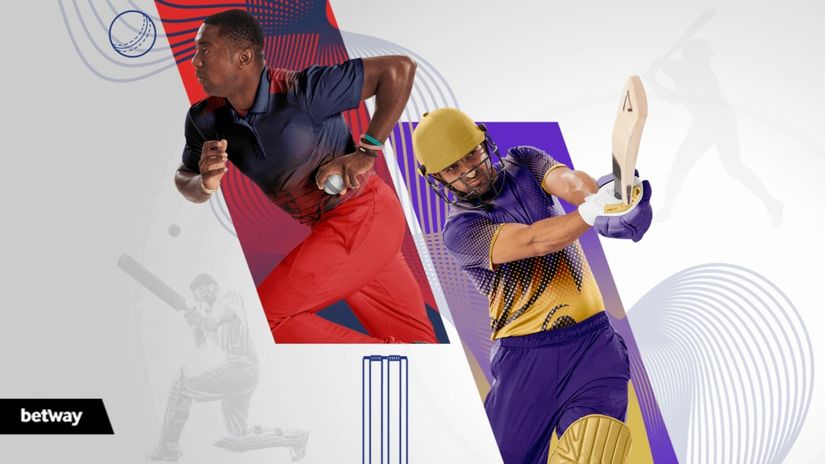 A dynamic cricket-themed image showcases two players in action, one bowling in red and blue attire while the other bats in purple and yellow. The background features cricket graphics with the Betway logo prominently displayed in the corner, representing Betway Arabia.