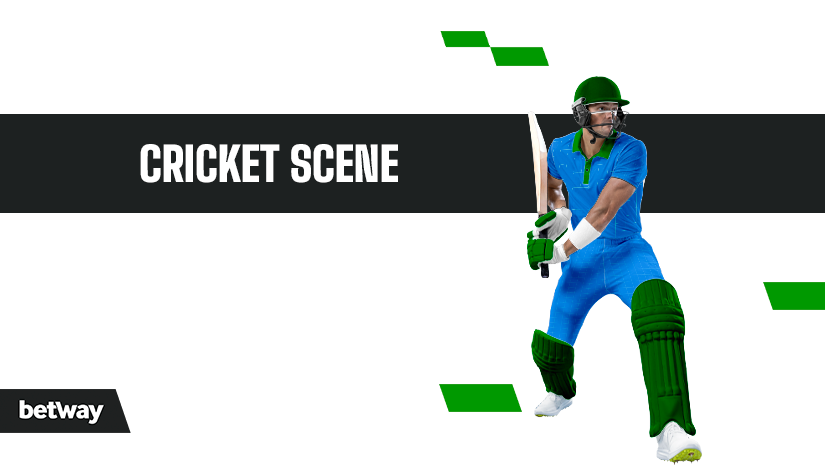 Illustration of a cricket player in a blue uniform and green protective gear, poised to bat. The background features white with green and black geometric accents. CRICKET SCENE is boldly displayed on a black stripe, with the Betway Arabia logo tucked in the corner.