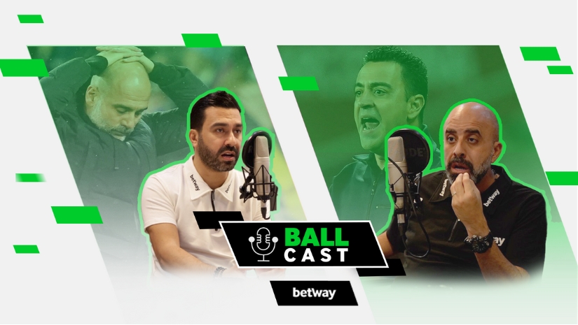 Three men are pictured, each speaking into microphones. The image features modern graphics with green accents and includes the text BALL CAST and betway arabia.