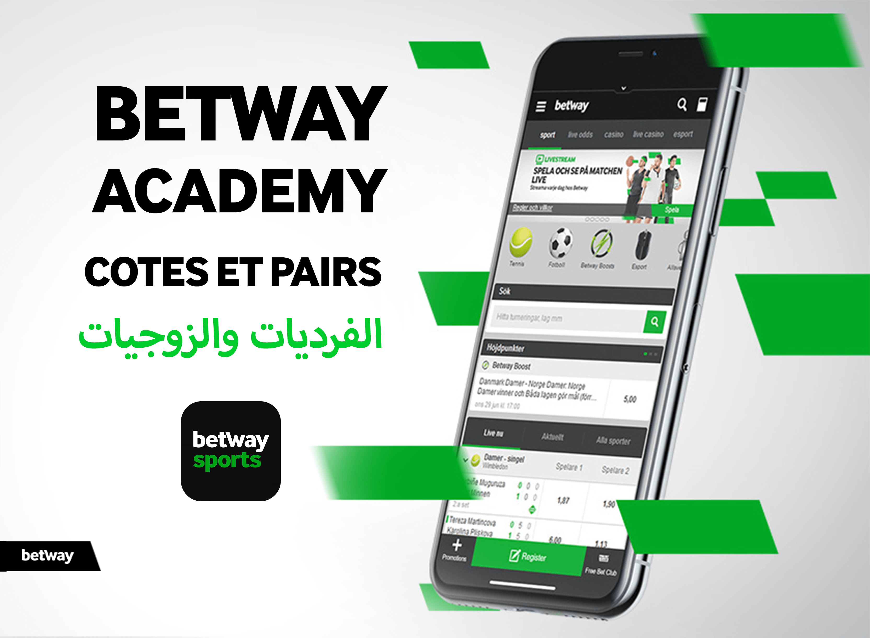 Un smartphone présentant l'interface de paris sportifs Betway Arabia est incliné vers la droite. Le texte indique « Betway Academy », suivi de « Cotes et Pairs » en français et de « الفراديات والزوجيات » en arabe. Le logo Betway trône fièrement en bas, unissant les cultures à travers une passion commune pour le sport.