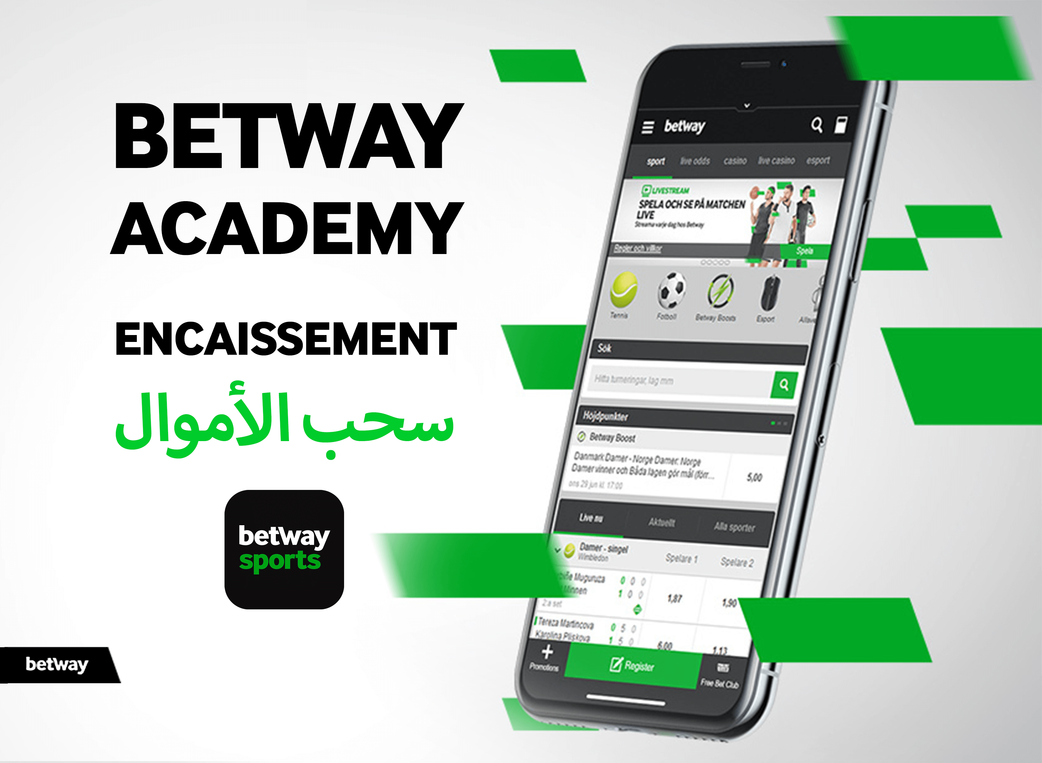Le smartphone présente l'écran de l'application sportive Betway, avec les détails du solde et le texte « Betway Academy, Encaissement, سحب الأموال ». Enveloppé de graphismes verts et noirs, cet écran incarne l'essence de Betway Arabia.