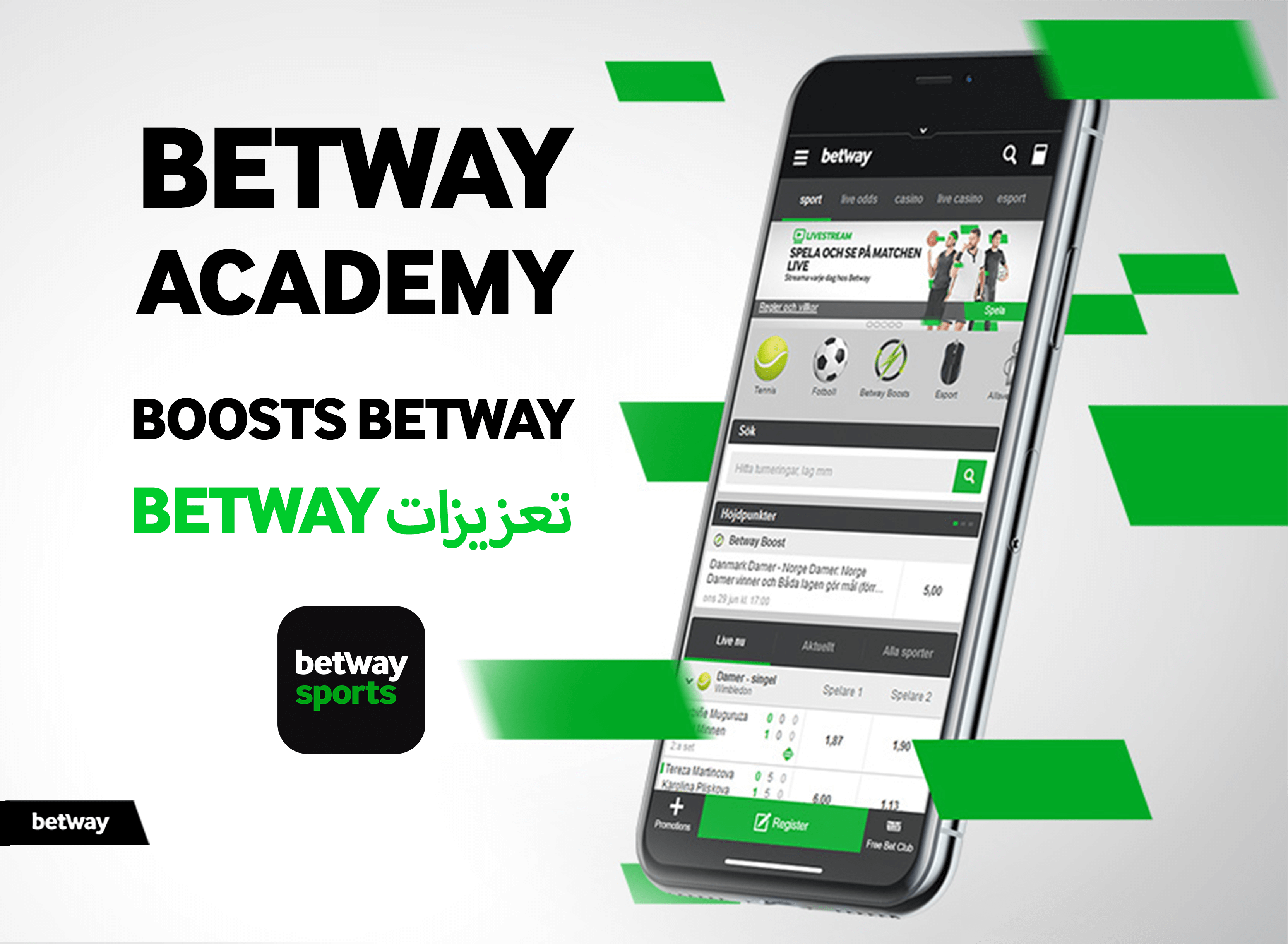 Un smartphone présente l'interface de l'application Betway, encadrée par un fond blanc avec des motifs géométriques verts. Le texte indique « Betway Academy Boosts Betway » en anglais et en arabe. Le logo élégant de Betway Sports apparaît bien en évidence dans un rectangle noir, reflétant l'esprit de Betway Arabia.
