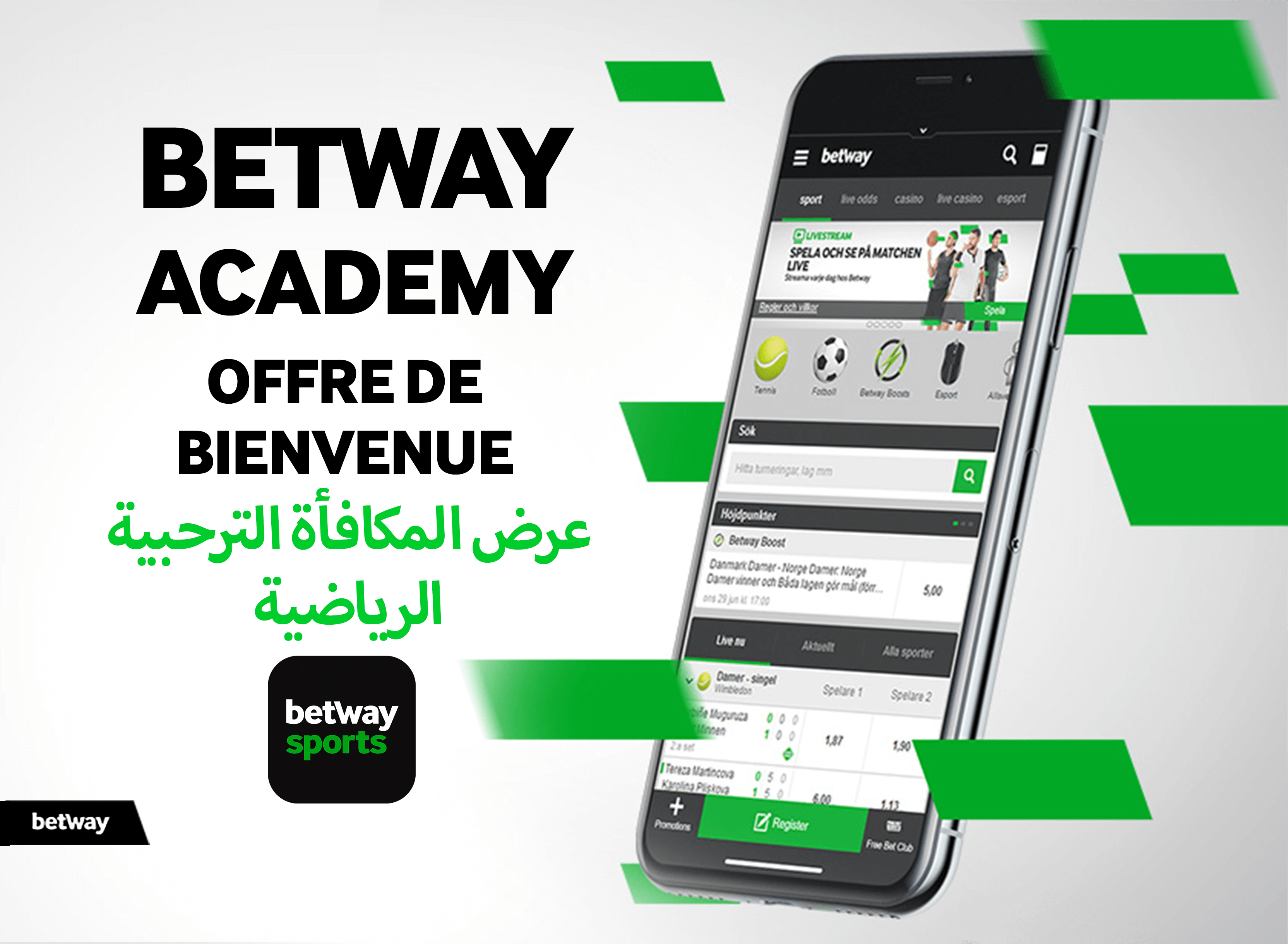 Un smartphone affiche l'interface de l'application Betway, mettant en évidence les options de paris sportifs. « Betway Academy » et « Offre de Bienvenue » avec du texte arabe sont à gauche. Des formes géométriques vertes décorent l'image, avec un logo « betway sports », se fondant parfaitement dans l'expérience bw arabia.