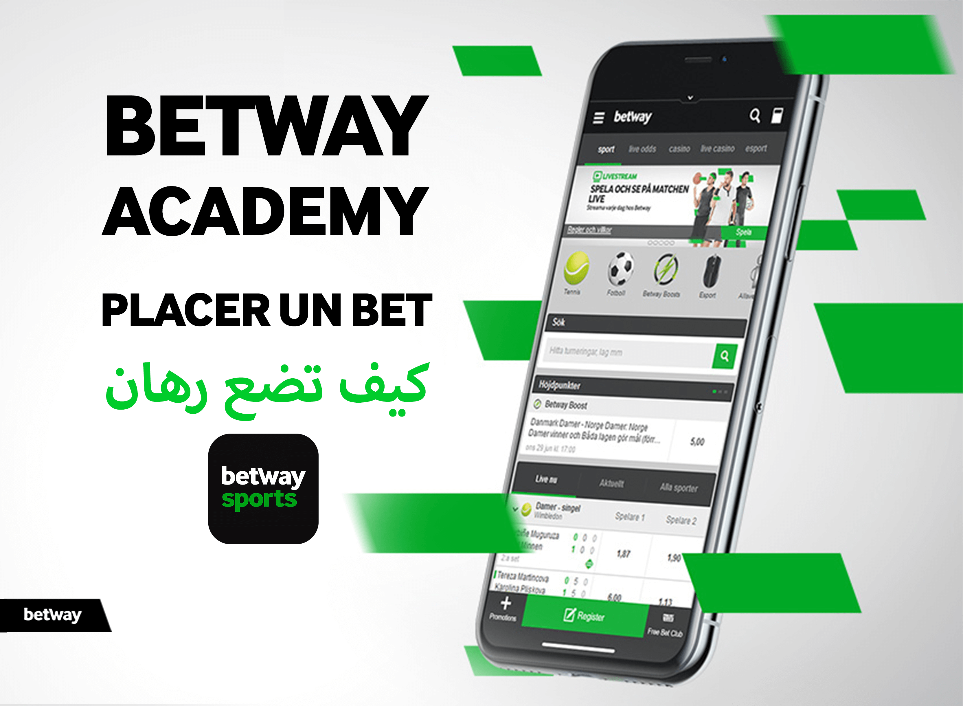 Un smartphone présente l'application de paris sportifs Betway Arabia, qui propose une gamme d'options. Le texte « Betway Academy » et « Placer un Bet », accompagné d'une écriture arabe, orne le côté gauche. Le logo distinctif de Betway Sports et les accents verts ajoutent du style au design élégant.