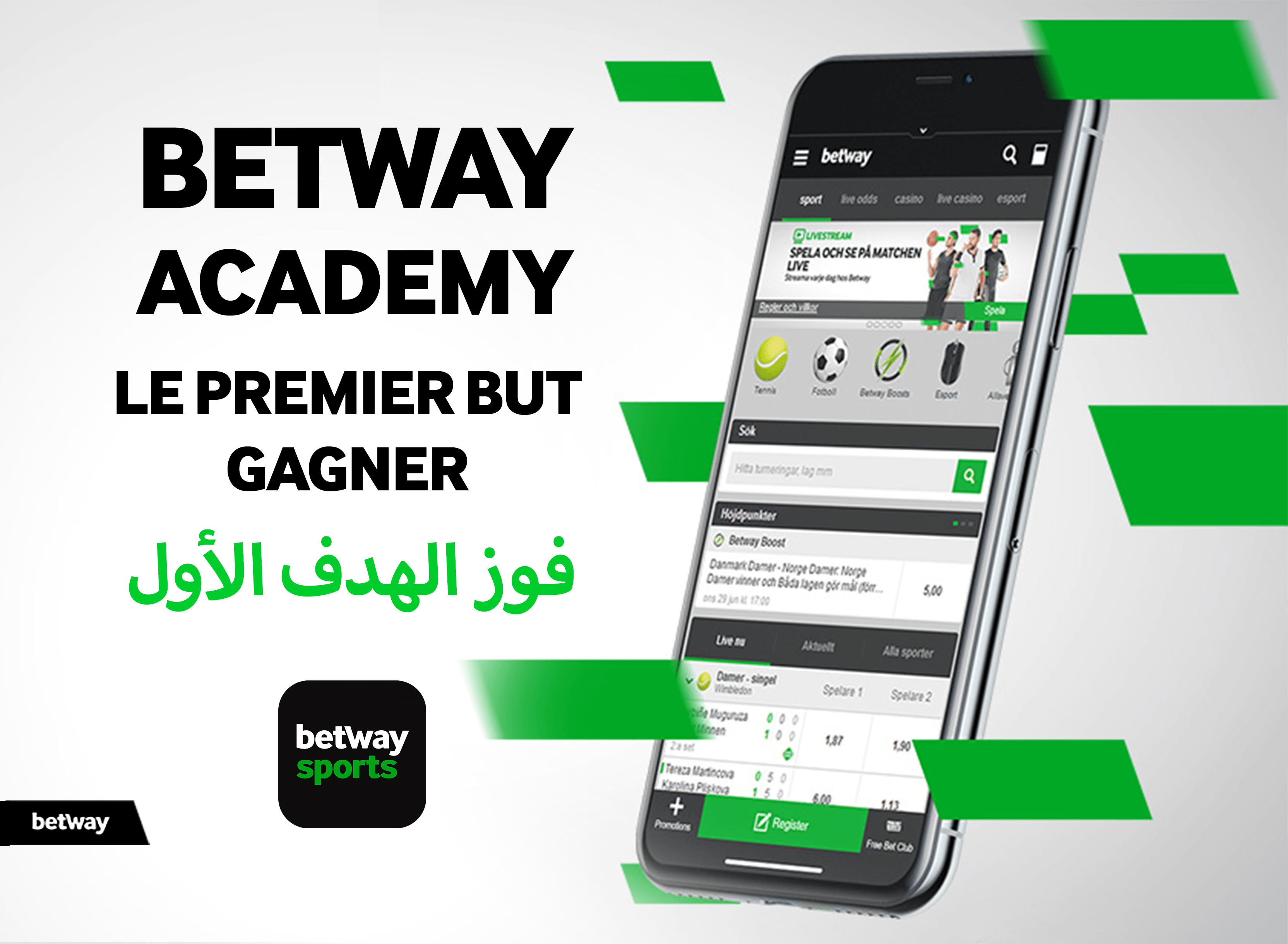 Un smartphone présente une application de paris sportifs, avec « BETWAY ACADEMY » ainsi que des phrases telles que « LE PREMIER BUT GAGNER » et « فوز الهدف الأول ». Des graphismes verts et noirs encadrent l'écran, faisant écho à l'image de marque élégante de Betway Arabia.