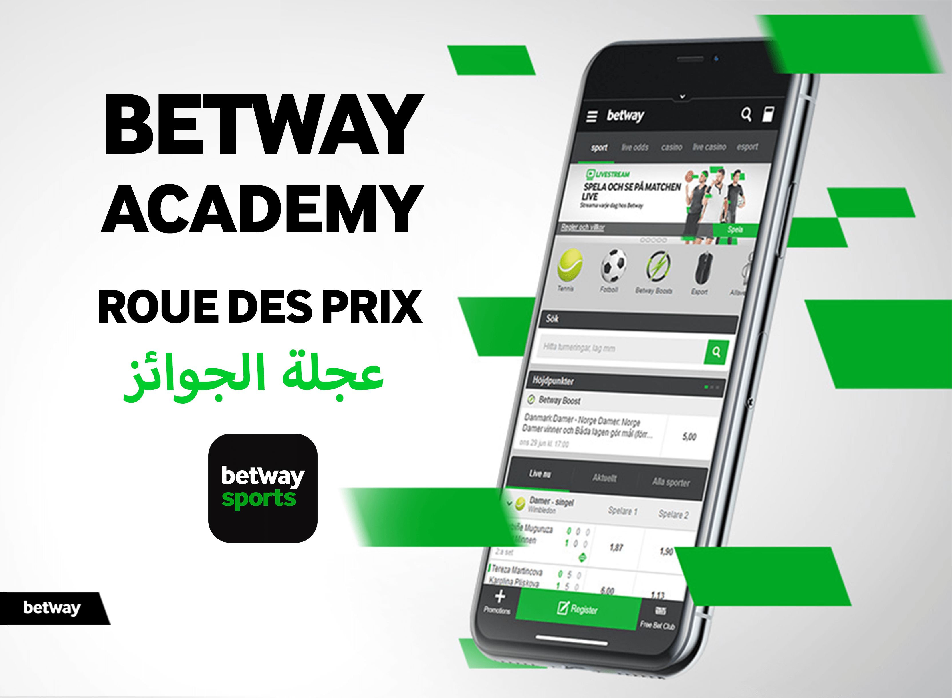 Un smartphone affichant l'application de paris sportifs Betway est incliné sur un fond blanc. Le texte à gauche indique « Betway Academy : Roue des Prix », avec une écriture arabe en dessous. Des formes géométriques vertes accentuent le design, soulignant la présence de Betway Arabia dans la région.