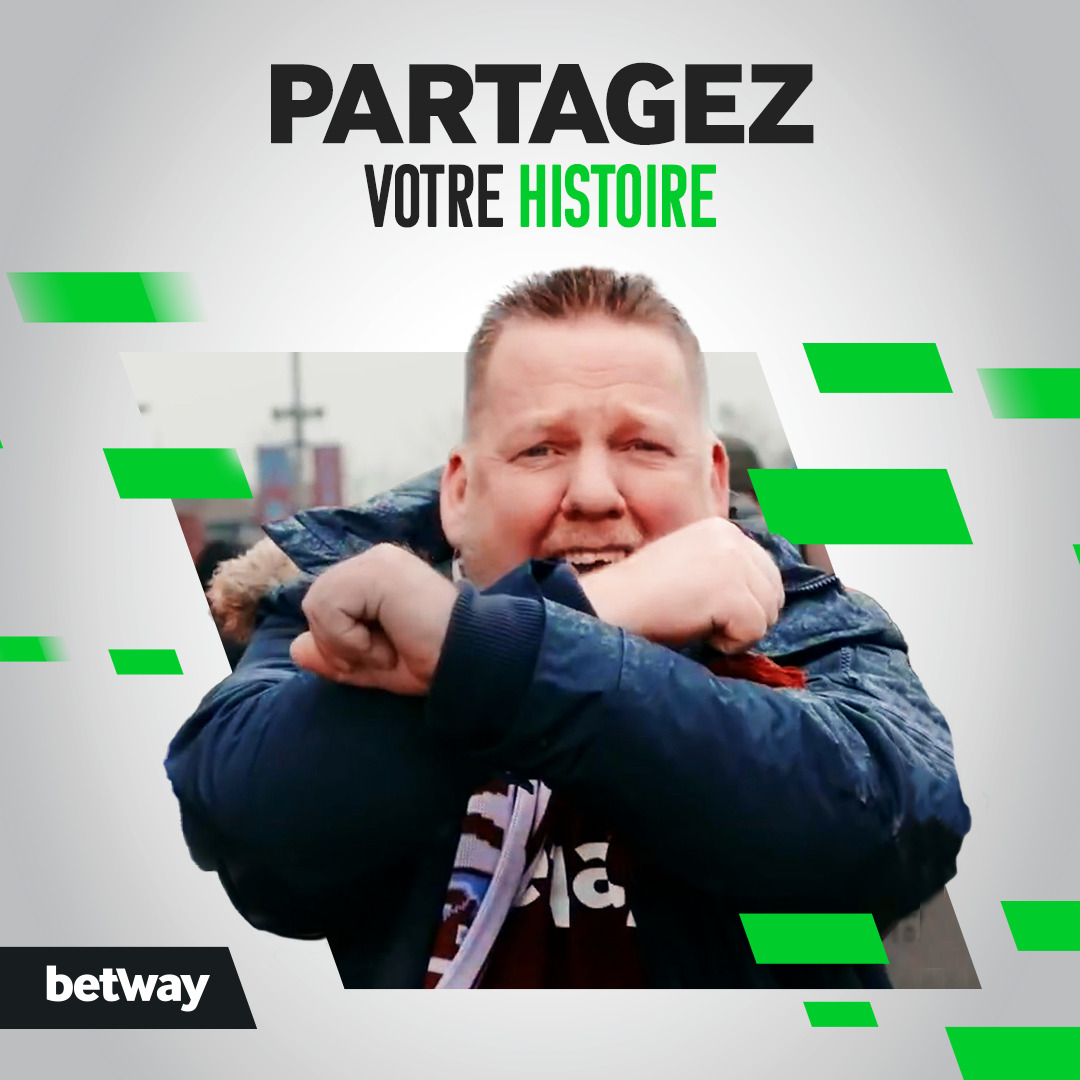 Un homme pose les bras croisés en forme de X, souriant à la caméra. Le texte ci-dessus dit « Partagez votre histoire » en français. Le design présente des formes géométriques vertes et noires, avec le logo Betway Arabia placé en évidence dans le coin inférieur gauche.