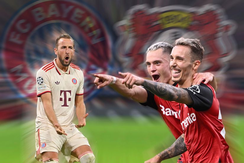 Un footballeur en maillot blanc du Bayern Munich réagit avec énergie tandis que deux joueurs en maillot rouge du Bayer Leverkusen célèbrent et pointent du doigt. L'arrière-plan flou montre les logos des équipes, capturant un moment sur lequel les fans pourraient parier via Betway Arabia.