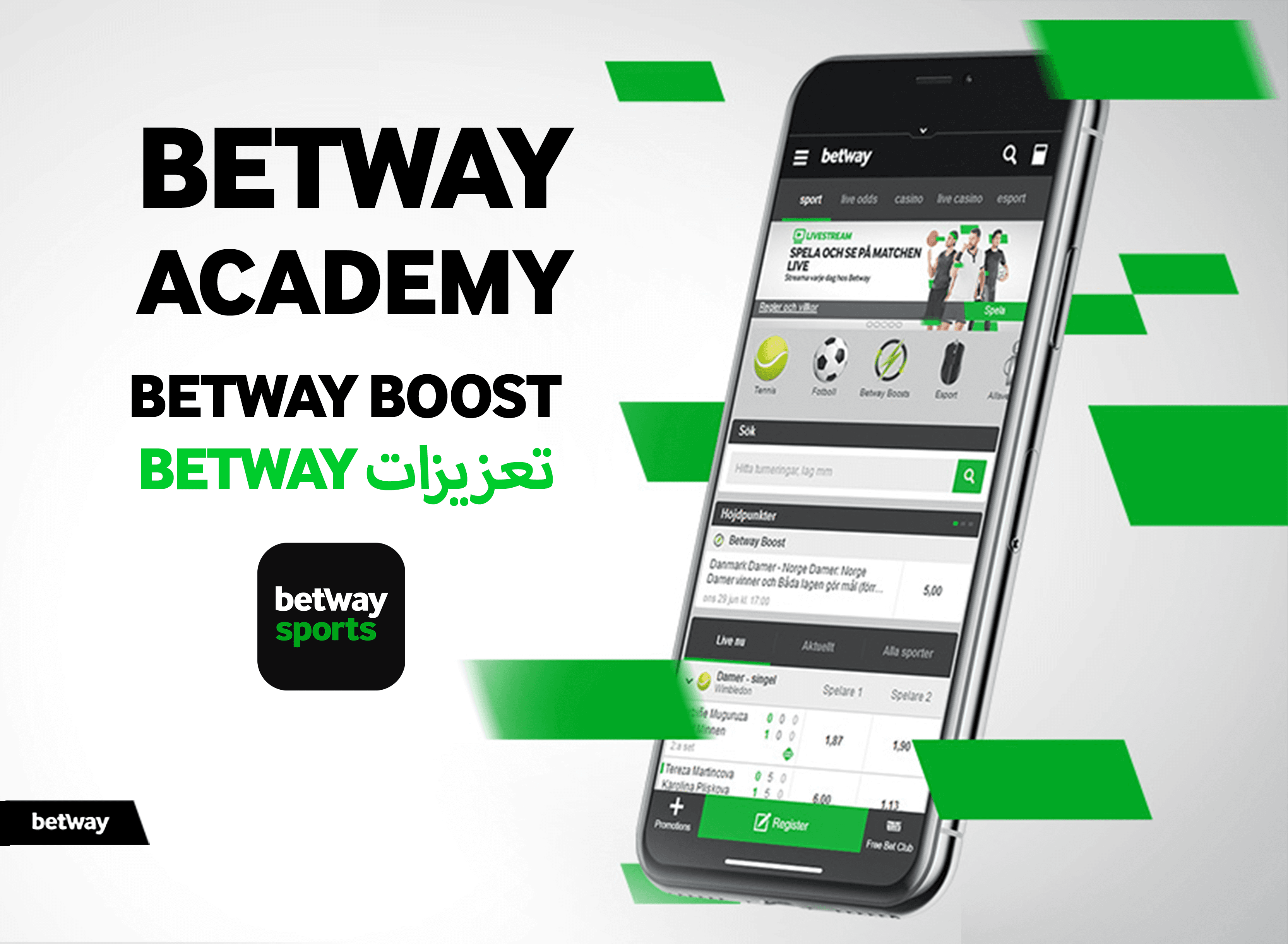 Promotional image for Betway Academy featuring a smartphone displaying the Betway sports app. Includes text in English and Arabic promoting Betway Boost, with the Betway logo and green accents, emphasizing its presence as Betway Arabia in the region.