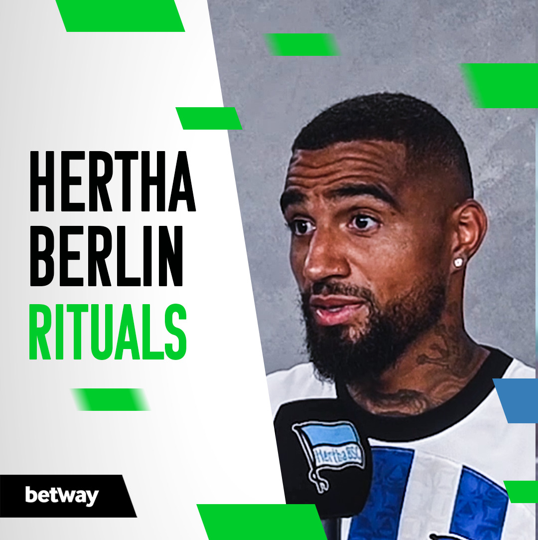 A person proudly wearing a Hertha Berlin soccer jersey speaks into a microphone. Hertha Berlin Rituals is emblazoned on the image, accompanied by the betway logo in the corner. Green and gray geometric shapes create a dynamic backdrop, hinting at the energy of Betway Arabia events.
