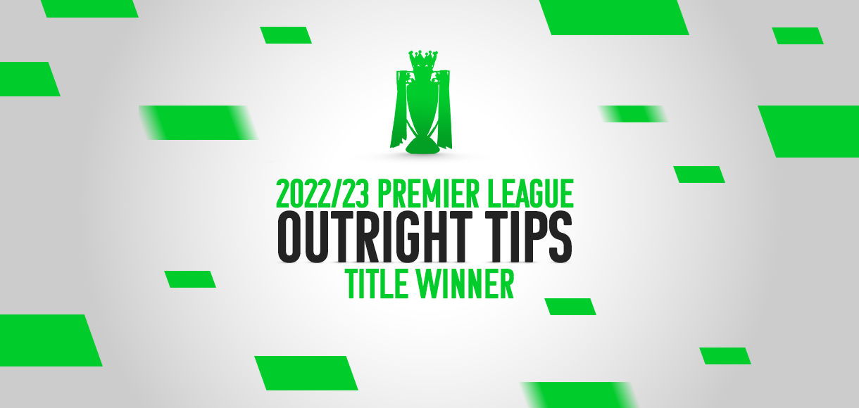 Graphic with a green Premier League trophy icon at the top. Text reads 2022/23 Premier League Outright Tips Title Winner in green and black. Green rectangles are scattered on a light gray background, echoing the sleek design seen on Betway Arabias platforms.