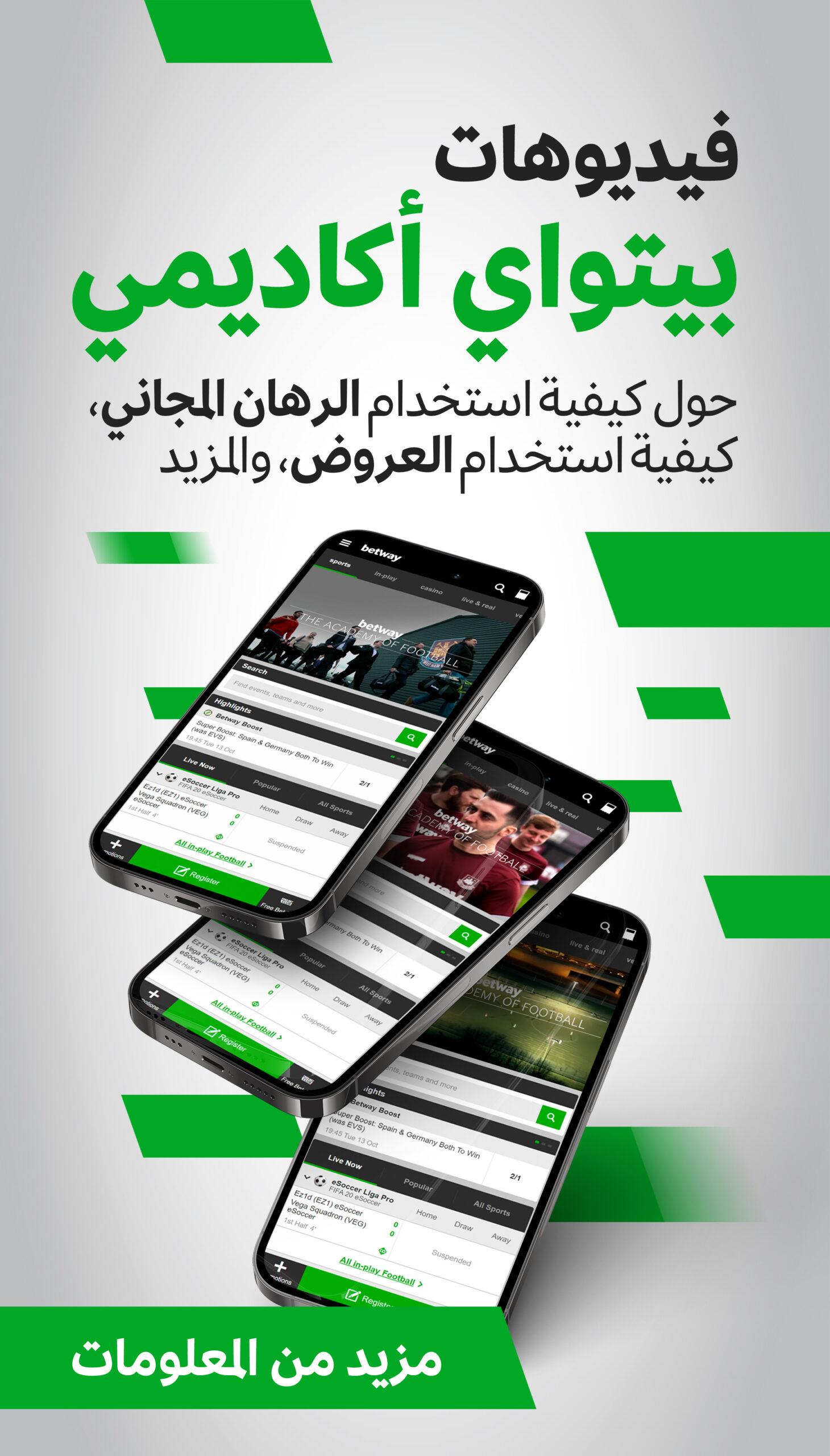 ثلاثة هواتف ذكية تعرض تطبيق Betway Arabia للمراهنات الرياضية، وتتميز بشاشات تعرض احتمالات وأحداث رياضية. النص العربي أعلاه يقول فيديوهات للأكاديميين، مع تمييزه بلمسات خضراء، مع تفاصيل إضافية في الأسفل.