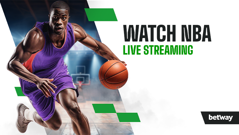 A basketball player in a purple uniform dribbles a ball on a court. The background features a blurred basketball hoop. Text on the image reads, Watch NBA Live Streaming. A logo in the corner says betway.