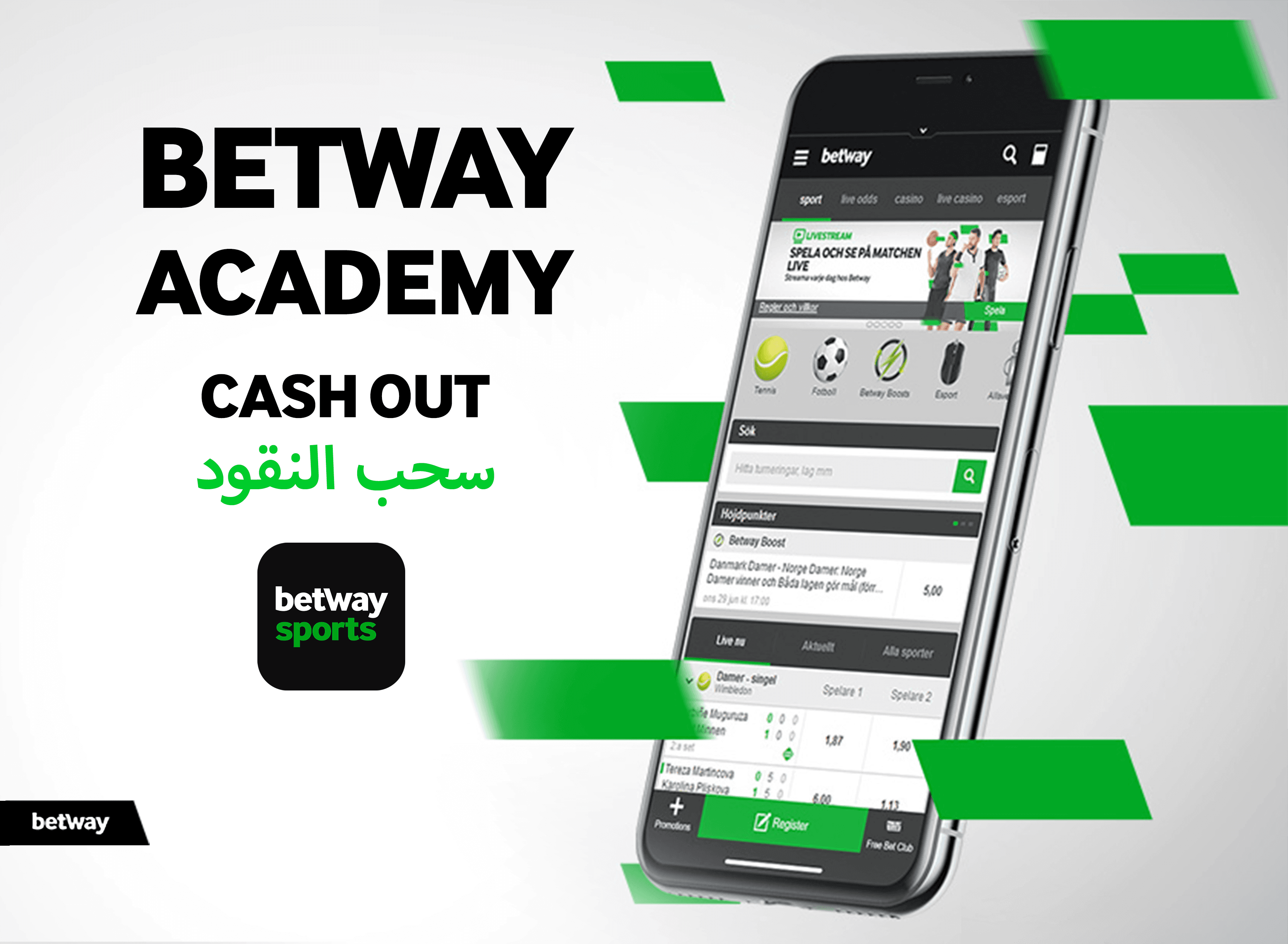 يعرض هاتف ذكي واجهة تطبيق المراهنات الرياضية Betway Arabia، إلى جانب نص باللغتين الإنجليزية والعربية يروج لأكاديمية Betway وميزات السحب النقدي.