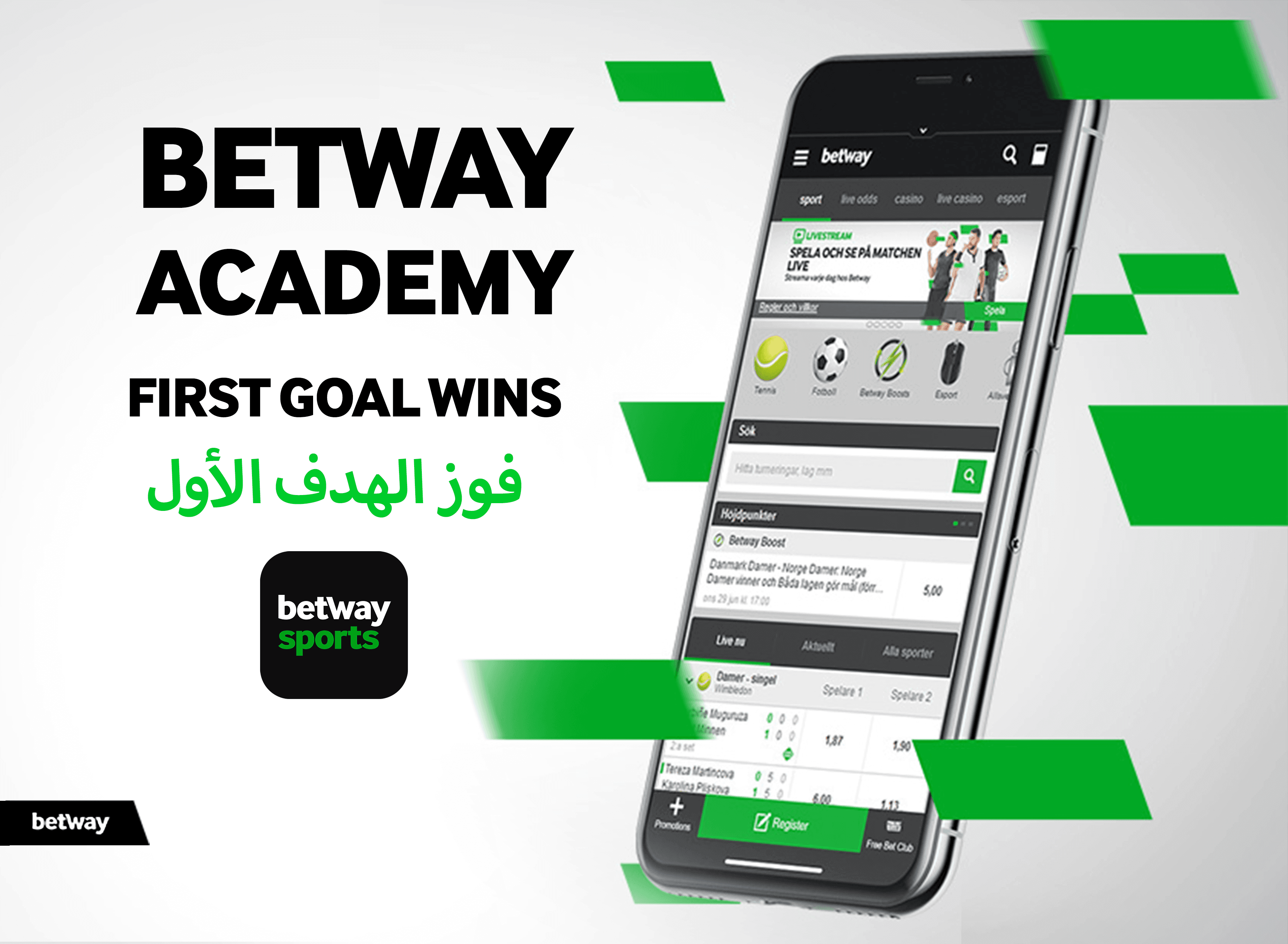 اكتشف تجربة Betway Arabia مع واجهة تطبيق Betway Academy للجوال. انغمس في ميزة الفوز بالهدف الأول، المتوفرة باللغتين الإنجليزية والعربية، وارتق بمهاراتك في اللعب إلى مستويات جديدة.