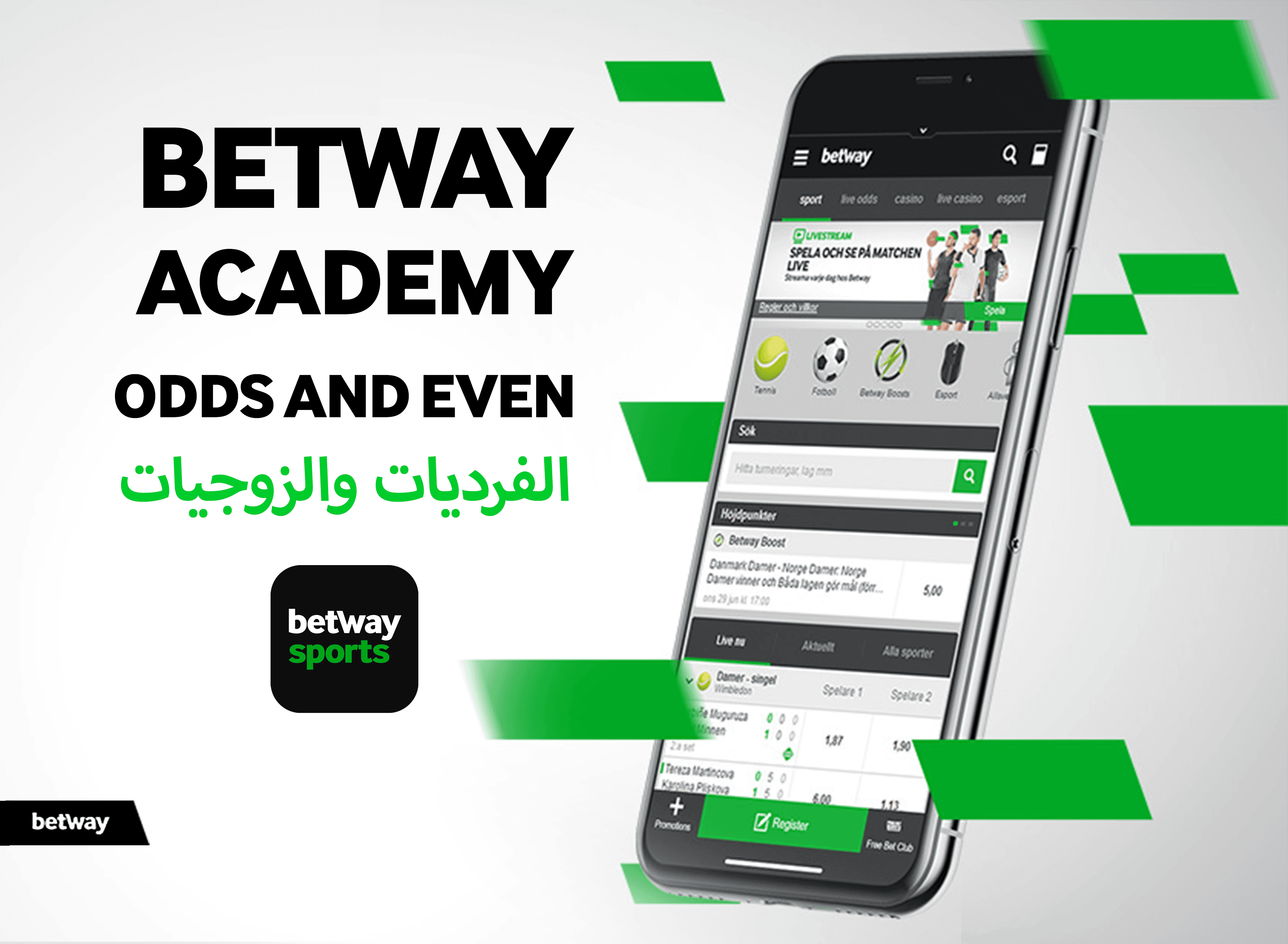 يعرض أحد الهواتف الذكية تطبيق Betway Arabia للمراهنات الرياضية، مع تفاصيل الاحتمالات والأحداث. النص الموجود على الصورة: Betway Academy باللغتين الإنجليزية والعربية.