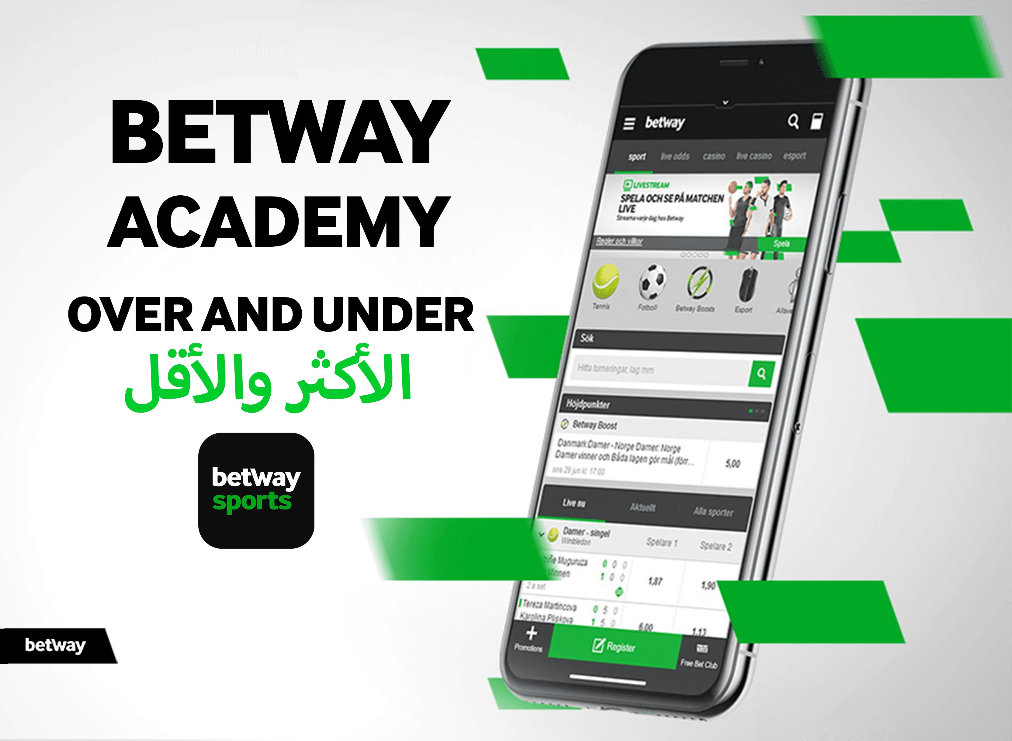 يعرض هاتف ذكي تطبيق المراهنات الرياضية Betway Arabia، ويضم واجهة Betway Academy: Over and Under باللغتين الإنجليزية والعربية. يبرز التصميم الأنيق مع لمسات خضراء على خلفية بيضاء نظيفة.