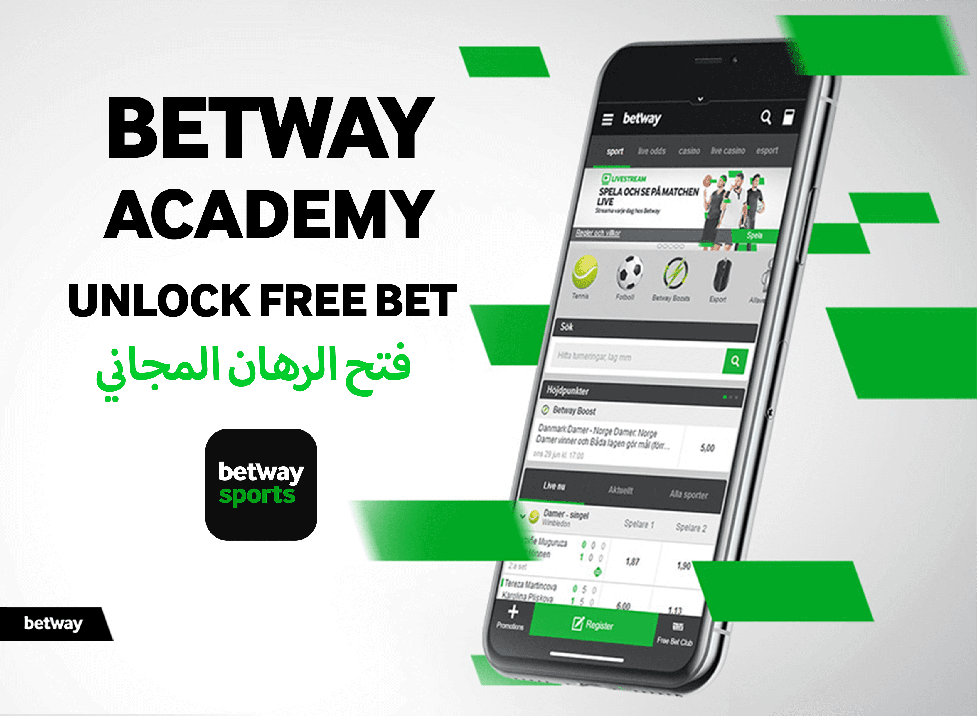 يعرض الهاتف الذكي تطبيق Betway Sports، محاطًا بنص يروج لأكاديمية Betway. يمكنك فتح رهان مجاني بسهولة باللغتين الإنجليزية والعربية من خلال Betway Arabia، مما يعزز تجربتك الرياضية.