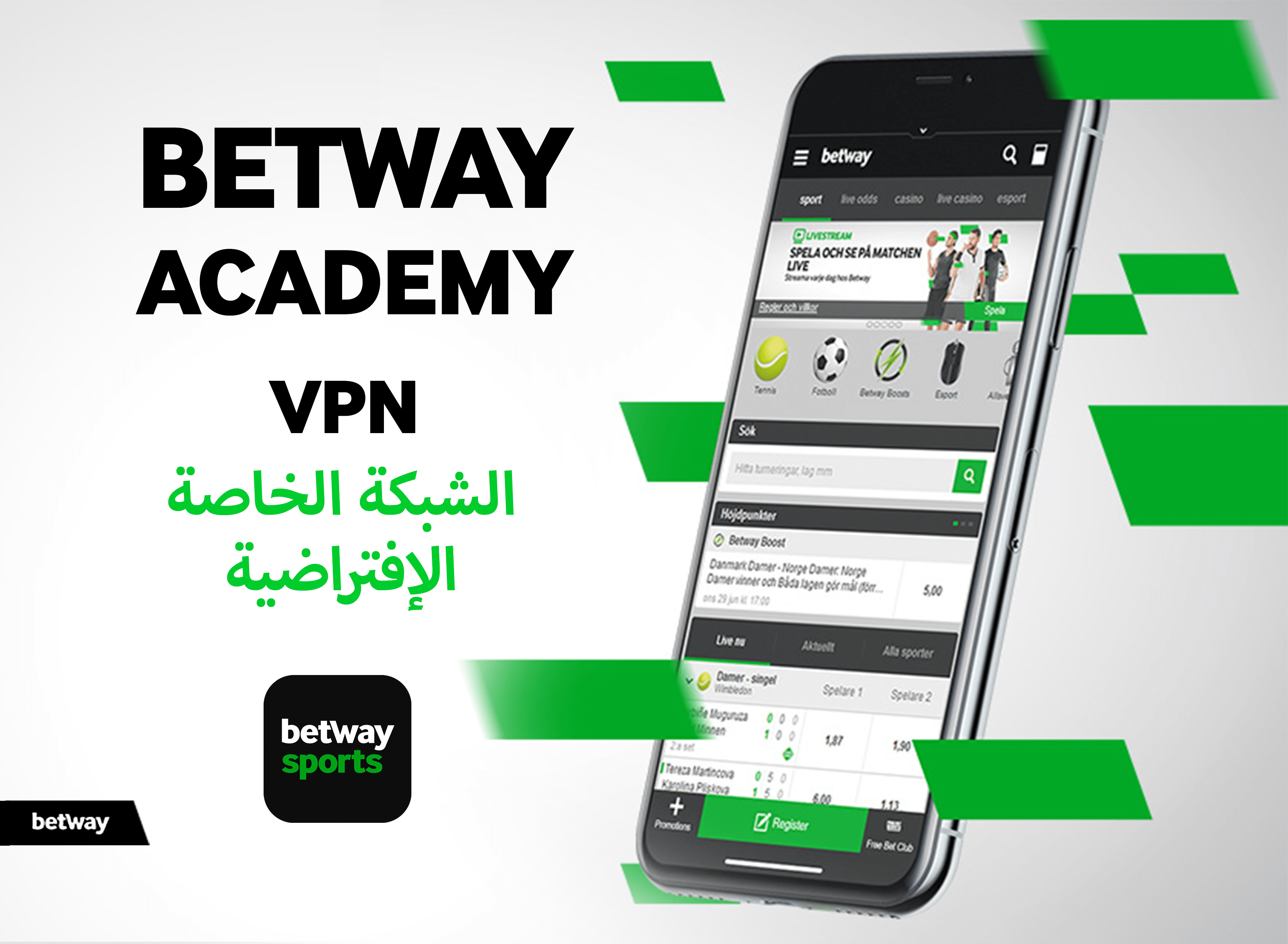 تعرض الصورة هاتفًا ذكيًا يعرض تطبيقًا للمراهنات الرياضية، مع BETWAY ACADEMY VPN باللغتين الإنجليزية والعربية على اليسار. تسلط اللمسات الخضراء الضوء على الميزات الرئيسية، وتجسد جوهر واجهة Betway Arabia الديناميكية.