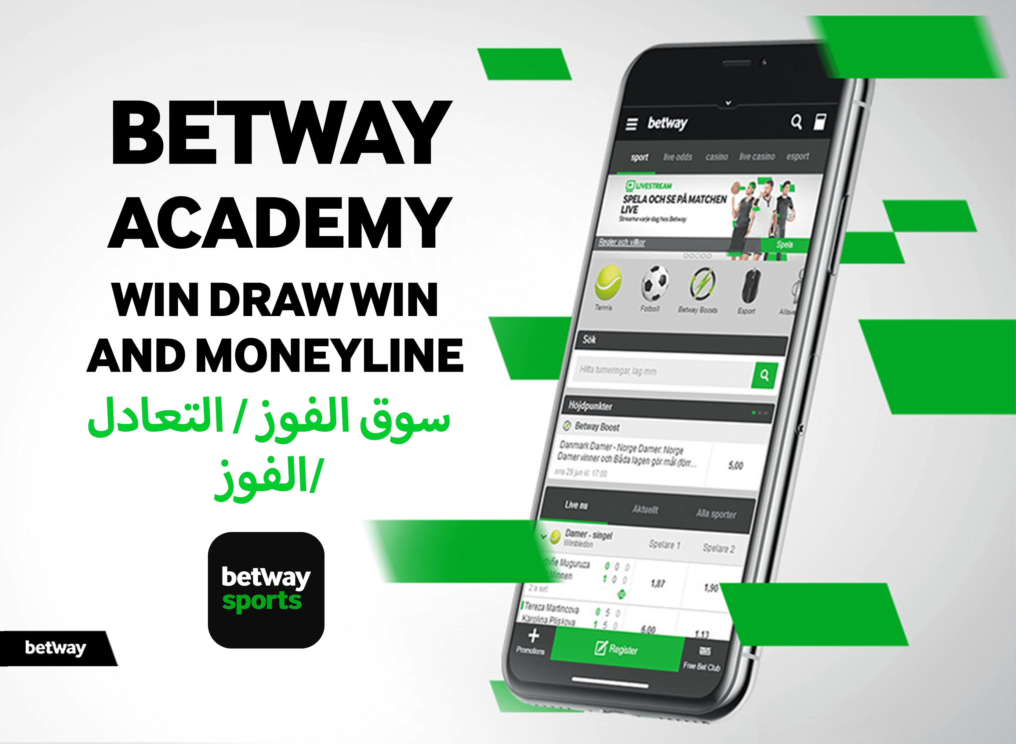 يعرض الهاتف الذكي تطبيقًا للمراهنات الرياضية، ويضم أحدث عروض أكاديمية Betway وخيارات المراهنة المثيرة. وتحيط عناصر رسومية باللونين الأخضر والأسود بالهاتف، مما يؤكد على التجربة الغامرة التي توفرها Betway Arabia.