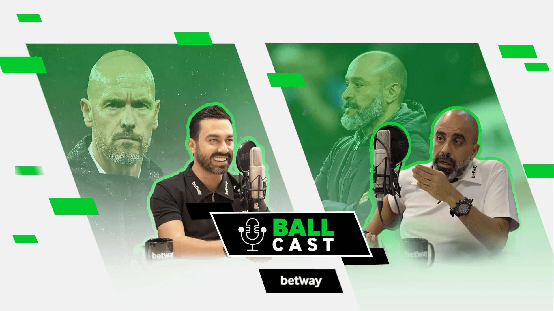 Two men seated at microphones on a podcast titled BALL CAST with images of two more men in the background. The logo for Betway Arabia is prominently visible, blending seamlessly into the dynamic setting.