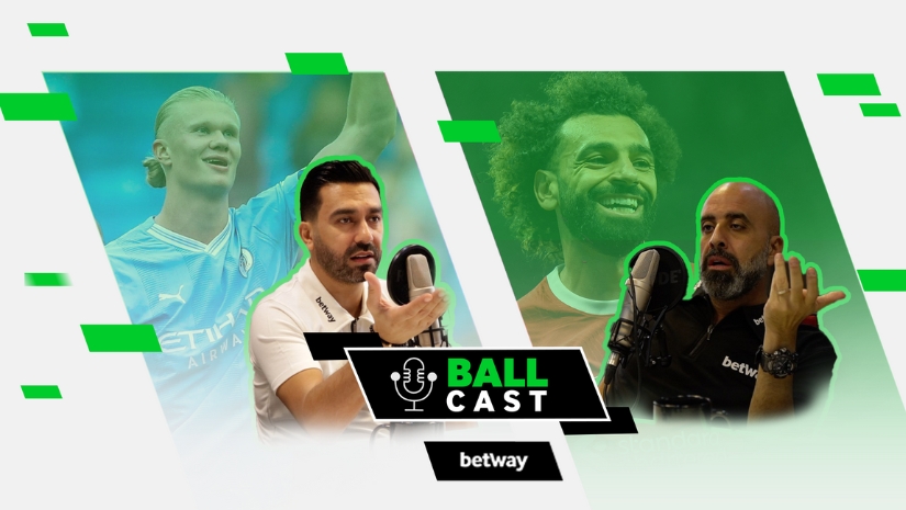Two men speaking into microphones on a podcast with green and white graphics, featuring images of two soccer players in the background. Proudly sponsored by Betway Arabia, offering insightful sports discussions.